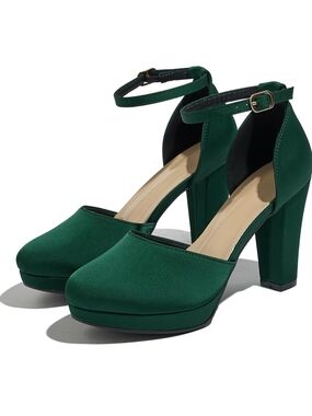 Women's Emerald Green Ankle-Strap Block Heel Pumps